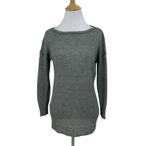 Ann Taylor Sequin Knit Top Women's Size XS Silver Open Stitch Boat Neck Stretch